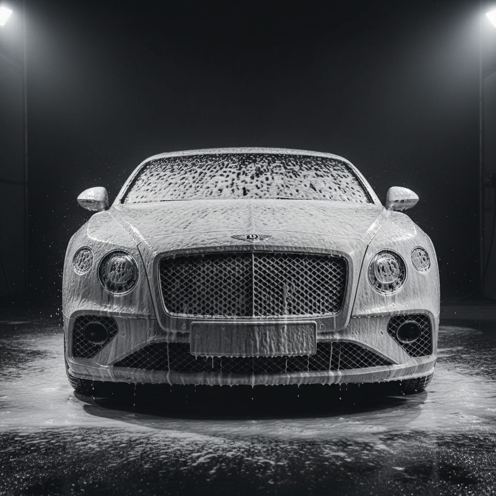 Bentley Continental GT covered in thick white foam during a premium exterior car wash