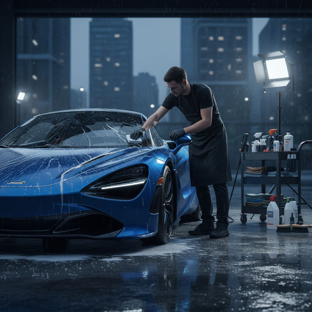 Detailer applying clay bar treatment to a gleaming luxury sports car exterior with ceramic sealant