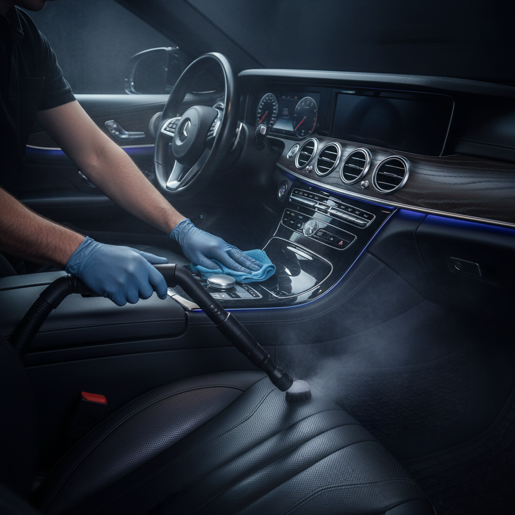 Professional detailer vacuuming and steam cleaning a luxury car interior with spotless leather seats