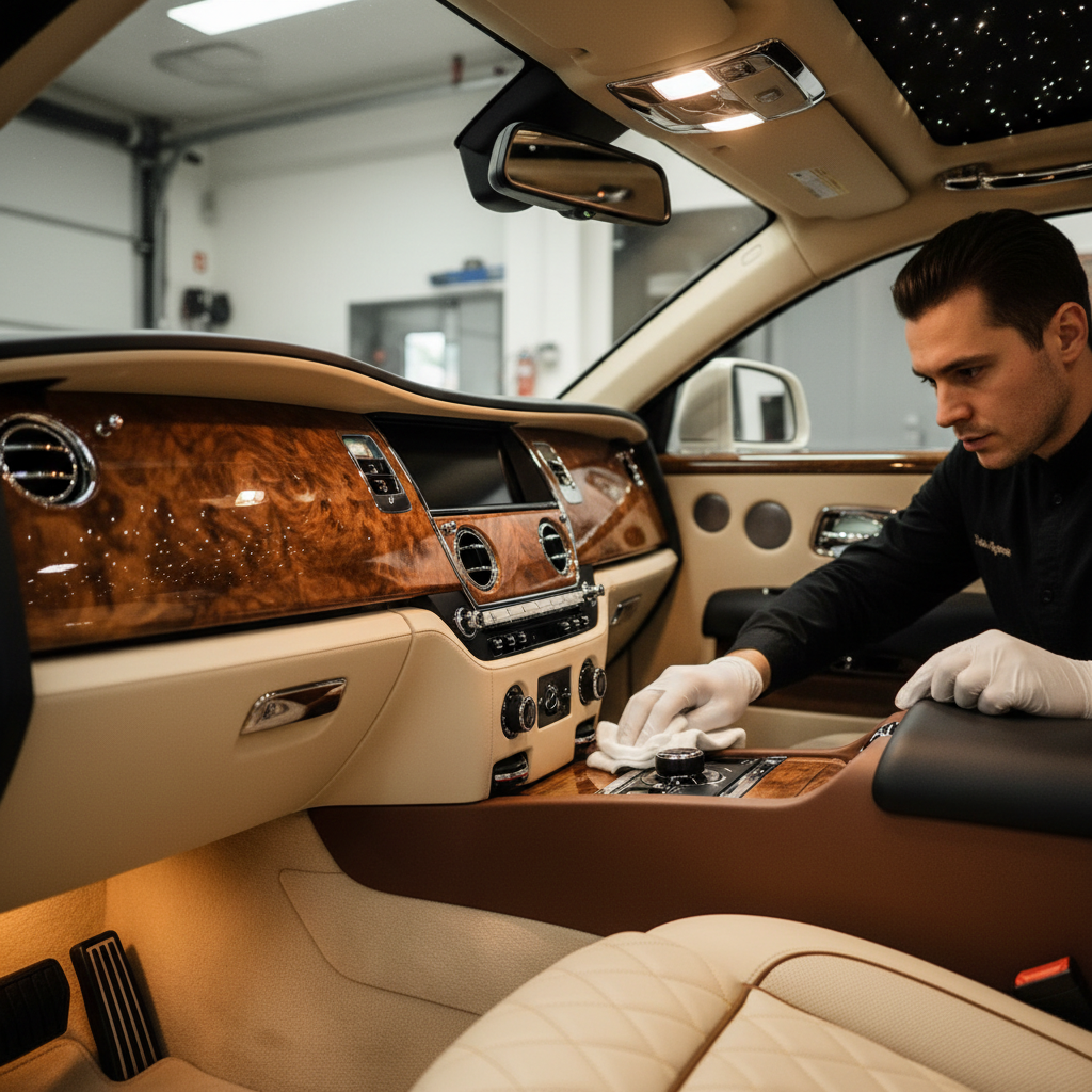 Ultra-premium Rolls Royce interior being deep cleaned with leather conditioning and carpet shampooing